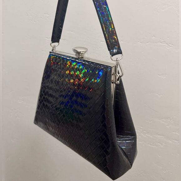 Unique Iridescent Embossed Leather Handmade Push Lock Boxy Bag, Multi Use Style - Picture 12 of 17